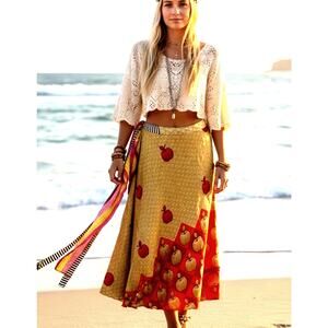 Boho Hippie Silk Wrap Skirt Apple Teacher Gypsy Reversible Red Gold Sari Maxi OS
